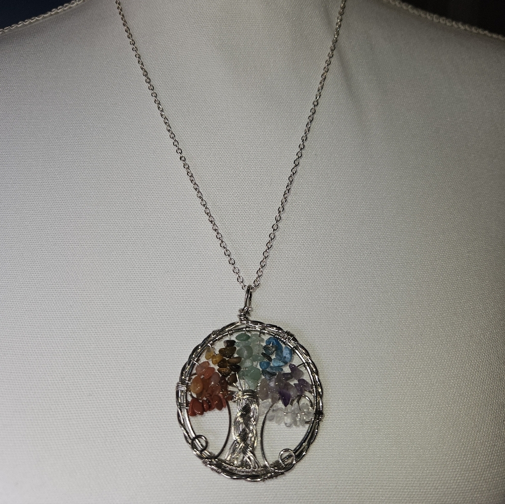 Handmade Tree of Life Necklace Multicolor Gemstone Silver Metal Adjustable Chain